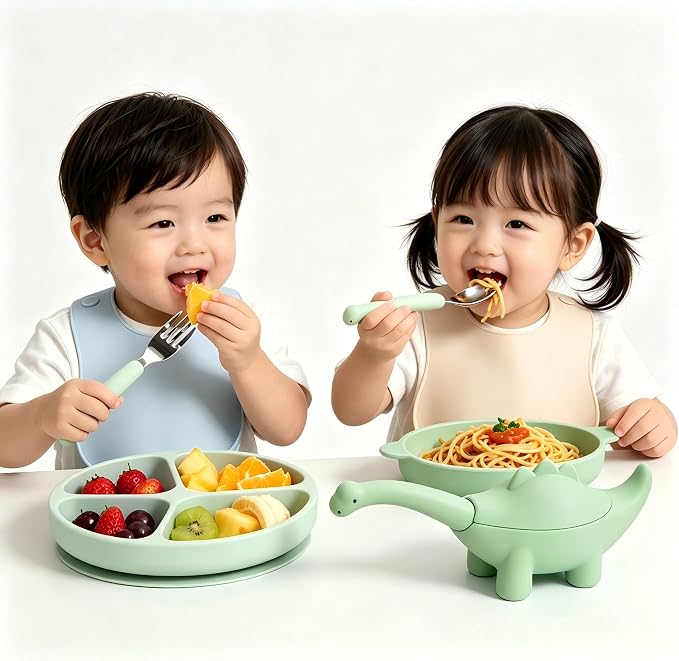 Baby Toddler Fork and Spoon Utensil Set, 4 Pack, Green Dinosaur | Silicone, Stainless Steel, Dinosaur