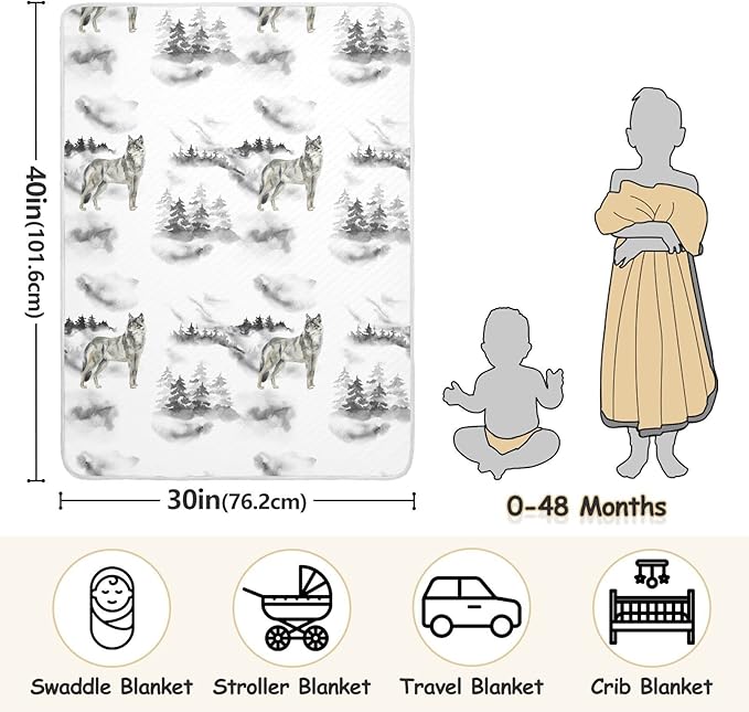 Ollabaky Forest Wolf Animal Baby Blanket for Boys Girls Cotton Throw Blanket Swaddle Blanket for Crib Stroller Nursery Receiving Blanket Infant Toddler Unisex 30"x40"
