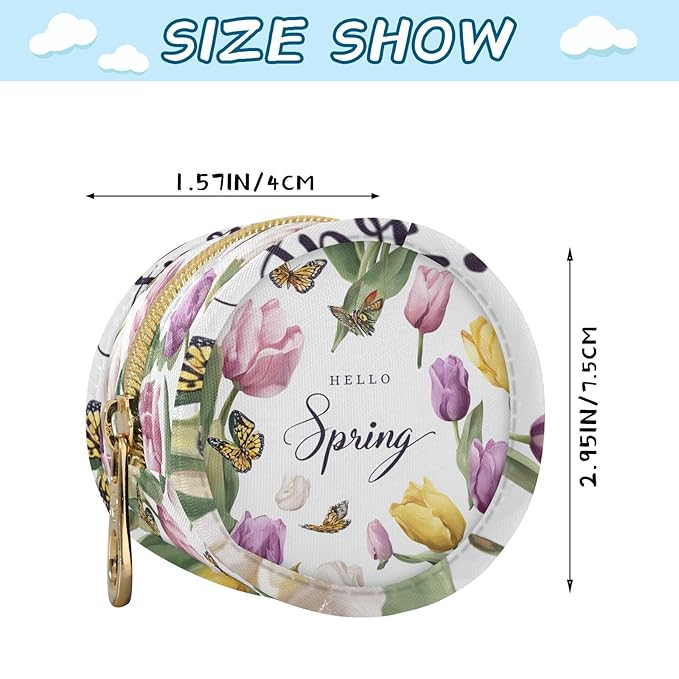 Pacifier Holder with Clip Pacifier Case for Diaper Bag Round Baby Pacifier Pouch Box Bag Portable Spring Tulip and Butterflies White