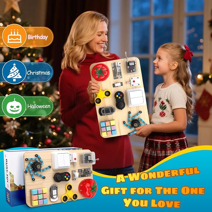 Umnodobn Wooden Montessori Busy Board, Sensory Activity Toy for Toddlers Kids, Fine Motor Skills Development Plaything, Portable Travel Fidget Board for Boys Girls, Educational Focus & Thoughtful