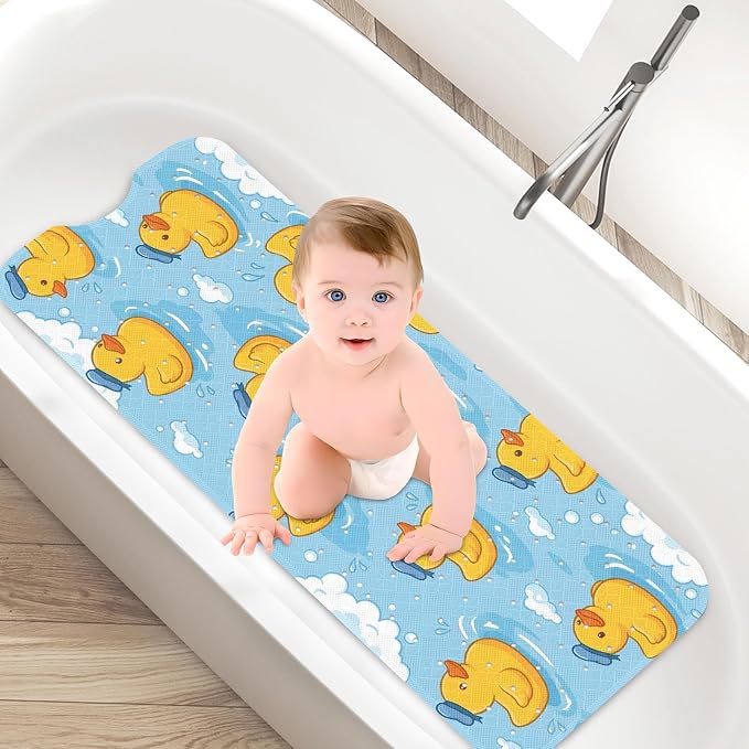 Yellow Rubber Duck Bathtub Shower Mat Blue Cute Non-Slip Tub Extra Long Bath Floor 40X16 Inch Machine Washable for Bathroom Tub Bath Mat for Toddler and Baby