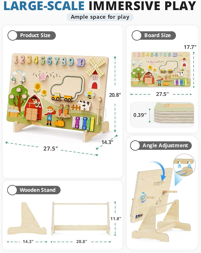 BlueWood Wooden Busy Board for Toddlers 18+ Months, 12-in-1 Montessori Philosophy Educational Toy, Activity Center Made from Basswood, No Drilling, Easy to Install & Store - Farm