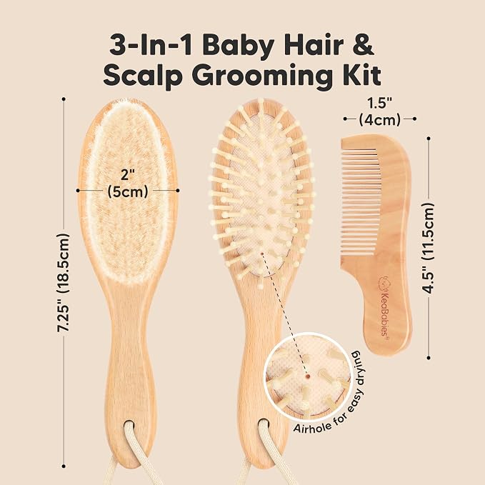 KeaBabies 2-Pack Hooded Baby Towels for Newborn and Baby Hair Brush and Comb Set - 100% Soft and Absorbent for Newborns, Infant, Wooden Kids Brush with Soft Goat Bristle