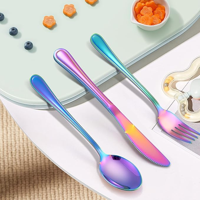 LIANYU 9-Piece Rainbow Kids Silverware Set, Stainless Steel Toddler Utensils Flatware Set, Child Cutlery Tableware for 3, Include knife Fork Spoon, Mirror Finished, Dishwasher Safe