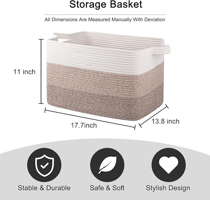 OIAHOMY Cotton Rope Basket, Rectangle Woven Baskets for Storage, Nursery Blanket Storage Living Room, Toy Basket With Handle-17.7?�x13.8?�x11??Gradient Yellow