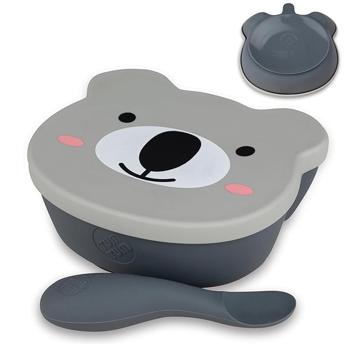 TUM TUM Suction Bowl For Baby, Toddler Bowl With Lid & Spoon, For Babies & Toddlers 6 Months+, BPA Free Silicone Baby Feeding Set, Microwave/Dishwasher/Freezer Safe, Kev Koala, Grey