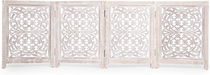 Lightnpro Foldable Carved Wooden Dog Gate with Stopper - Freestanding Indoor Pet Barrier for Home, Adjustable Dog Fence for Stairs, Doorways & Hallways - 24x18 Inch (4 Panels) White Wash