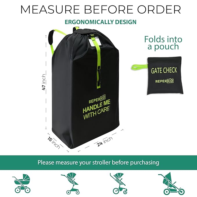 reperkid Large Stroller Bag for Airplane Travel, Black & Green, 47" H x 24" W x 15" D, Fits Most Large, Single, Double, Jogging Strollers ??Premium Waterproof Cover, Adjustable Shoulder Straps