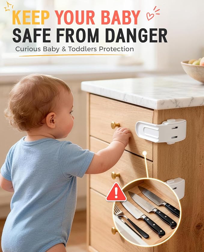 Maveek Baby Safety Drawer Lock - 4 Pcs Upgraded Baby Proofing Locks, One Hand Operation Infant Latches For Corner Drawers, Kitchen Cabinets, No Drill Child Proofing Kit (White)