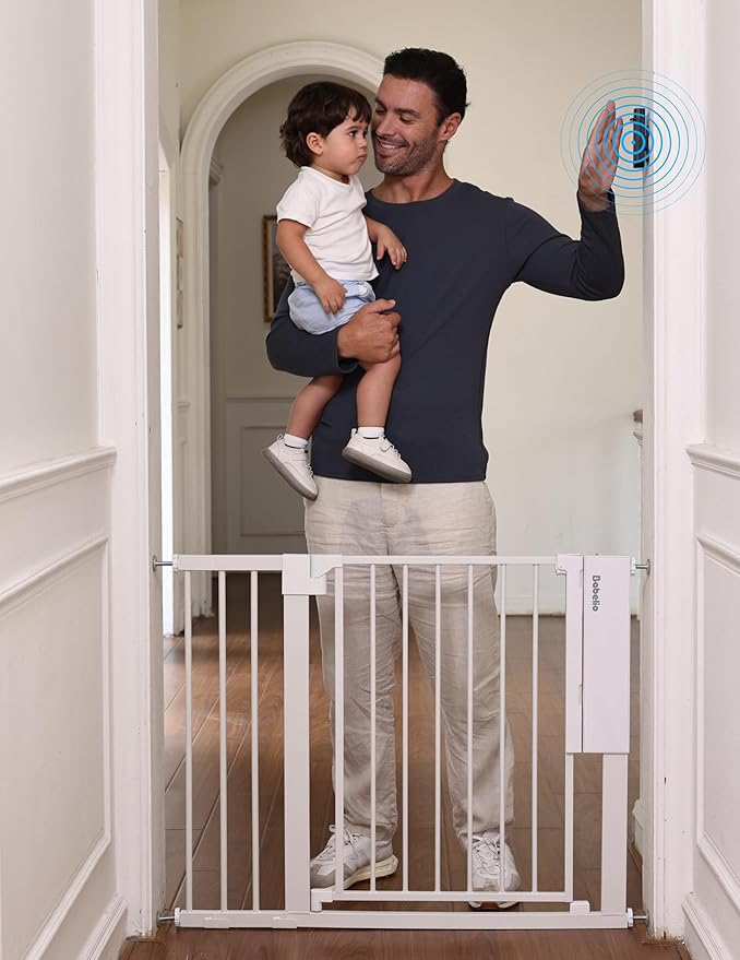 Babelio Smart Baby Gate with Auto-Unlock/Close, Pressure Mounted No Drill for Doorways/Top of Stairs. Pet/Dog Door Wide Walk Thru w/Infrared Sensor & Safety Alert (White, 30.3-47.2" W, 30" H)