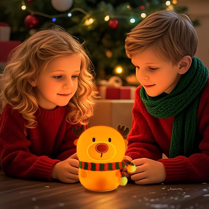 Colorful Life Silicone Reindeer Night Light – Tap Control Cute LED Bedside Lamp for Kids, Baby, Adults – Soft Glow, Rechargeable, Nursery/Bedroom(Cute Reindeer, Light up When patted)