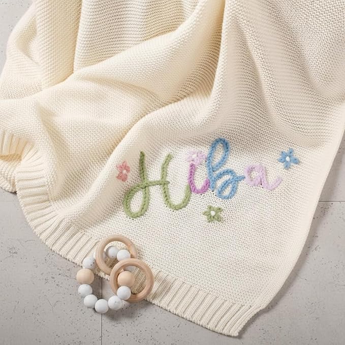 Luxury Personalized Name Baby Blanket, Hand-Embroidered Name Baby Blanket, Soft Breathable Cotton Knit Kids Blankets, Newborn Kid Gift, New Mom Gifts, Newborn Kids Girl & Boy Gift 13
