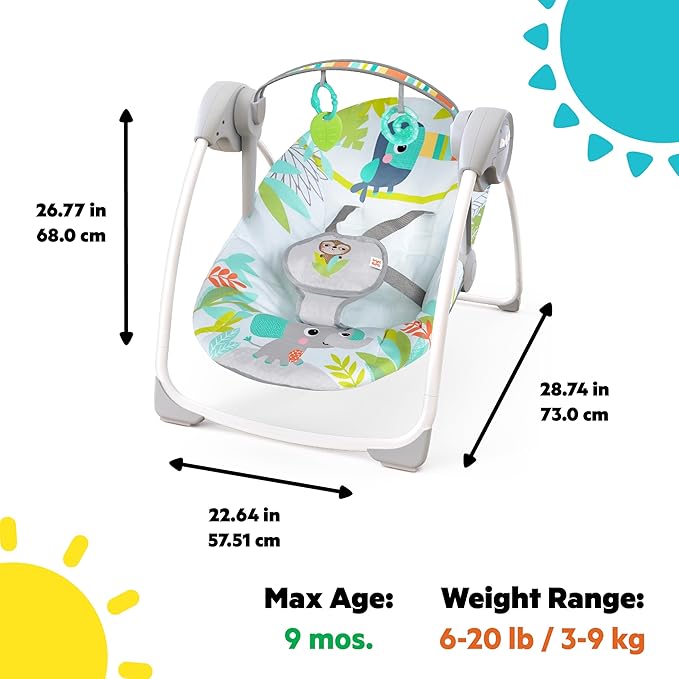Bright Starts Portable Automatic 6-Speed Baby Swing with Removable -Toy Bar, 0-9 Months 6-20 lbs (Rainforest Vibes)