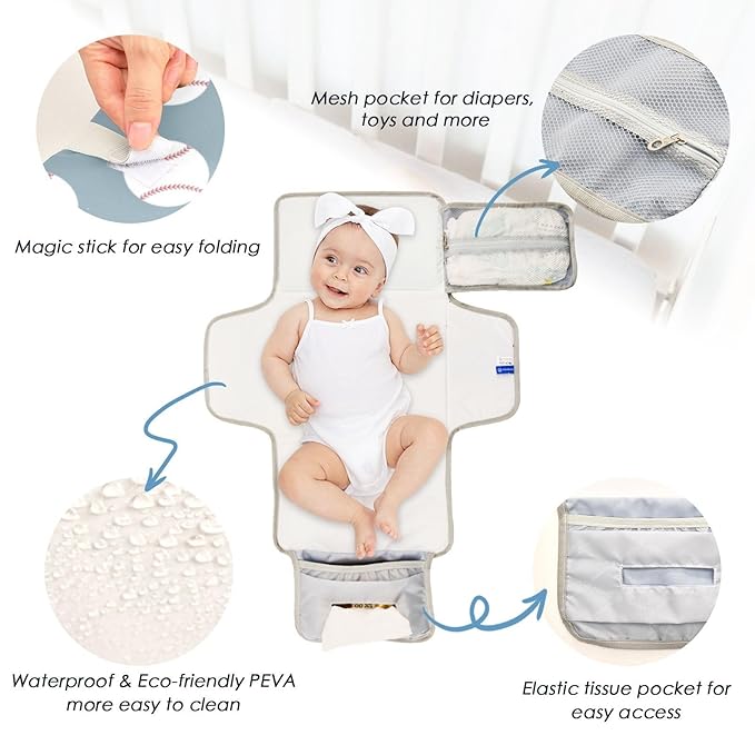Baseball Blue Portable Diaper Changing Pad with Wipes Holder, American Sport Championship Patch Foldable Baby Diaper Changer Travel Bag Baby Changing Mat with Built-in Pillow for Newborn