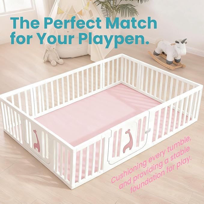 Baby Play Mat for Floor,Extra Large 59"×71" Playpen Mat for Tummy Time,Thicker Padded Elasti Foam Activity Mats,Water Repellent Ultra Soft Velvet,Non-Slip Backing Safe（Pink）