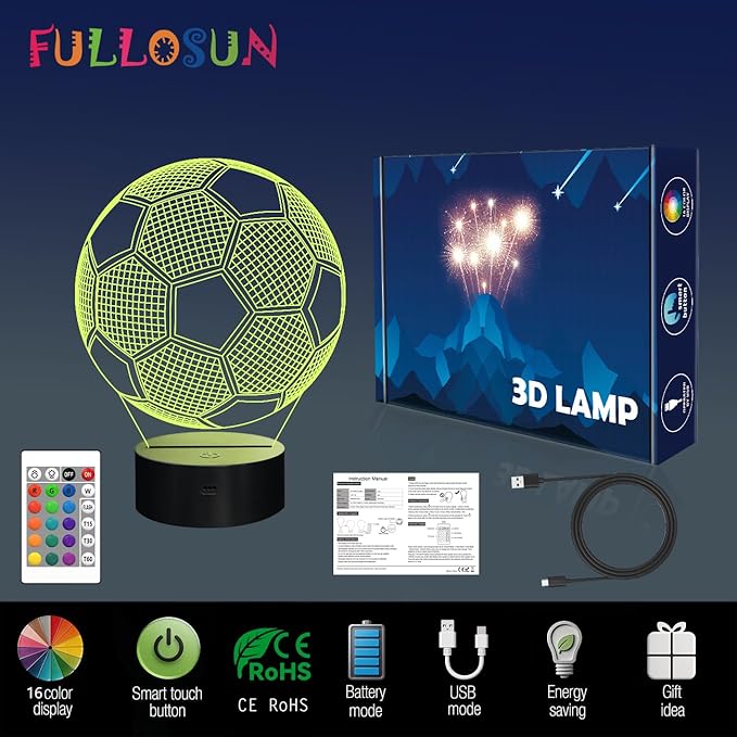 FULLOSUN Kids Night Light Soccer 3D Optical Illusion Lamp with Remote Control 16 Colors Changing Football Birthday Xmas Valentine's Day Gift Idea for Sport Fan Boys Girls