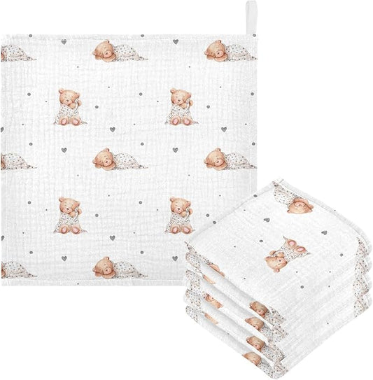 vvfelixl Baby Washcloths Cotton Cute Sleeping Teddy Bears Baby Muslin Washcloths Soft Baby Face Towel for Newborn Infants Baby Wipes, 11.8 X 11.8 inch, one sizex5
