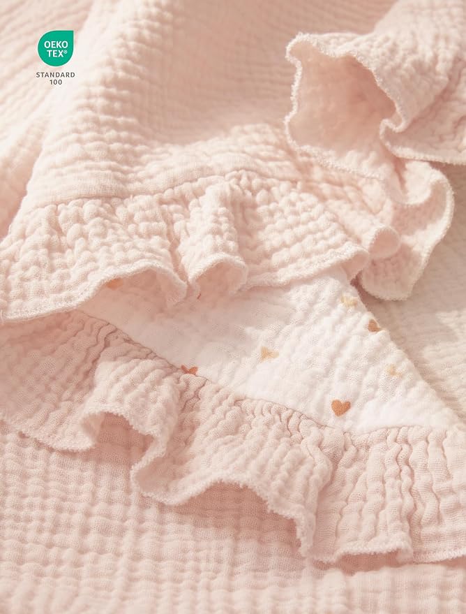 lulumoon Muslin Ruffle Baby Blanket - Soft Breathable 100% Cotton Newborn Wrap for Stroller Travel & Car Seat - Ideal for Photography & Nursery Decoration 40"x36"(Pink Heart)
