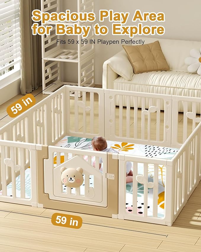TINYHARBO Premium Foam Baby Play Mat 59x59 ??Removable & Machine Washable Cover, Extra Thick Padding Playpen Mat, Non-Slip Crawling Mat, Easy to Clean for Infants, Toddlers & Babies