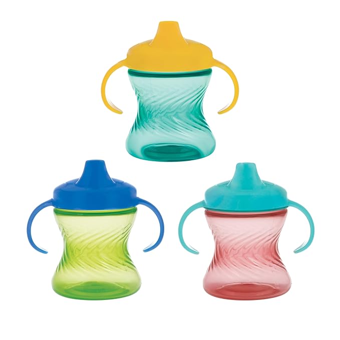 Nuby 2-Handle No-Spill Hard Spout Sippy Cup with Easy Grip - (3-Pack) 7 oz - Baby Sippy Cup with Controlled Sipping for 6+ Months - Green/Aqua/Red