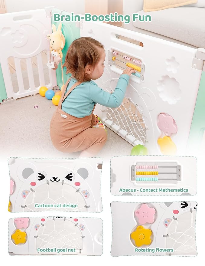 Baby Playpen, Dripex Baby Playard for Babies and Toddlers, 14-Panel Foldable Playpen Adjustable Portable Play Area, Indoor/Outdoor Kids Active Center with Game Panel & Safety Gate, Light Green White