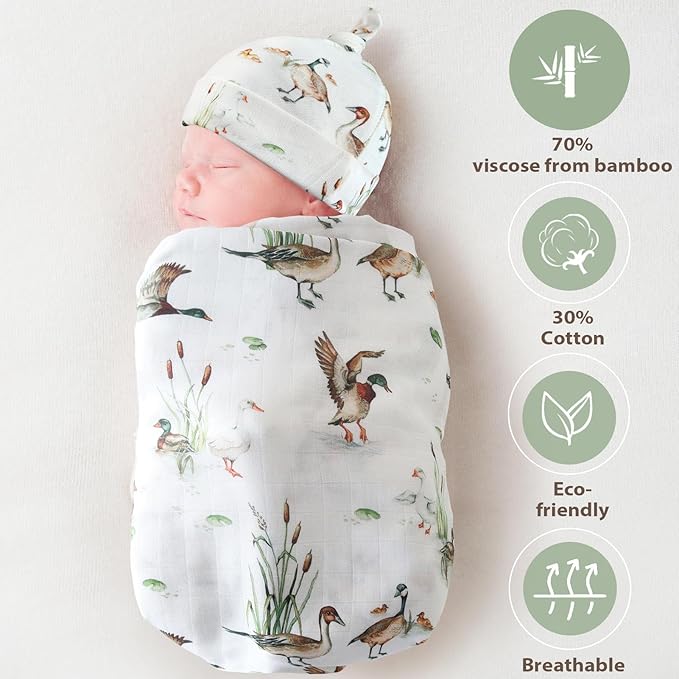 LifeTree Muslin Swaddle Blankets, Muslin Baby Boy Swaddle Blanket and Hat Set with Birth Announcement Card, Newborn Unisex Receiving Blankets Mallard Duck