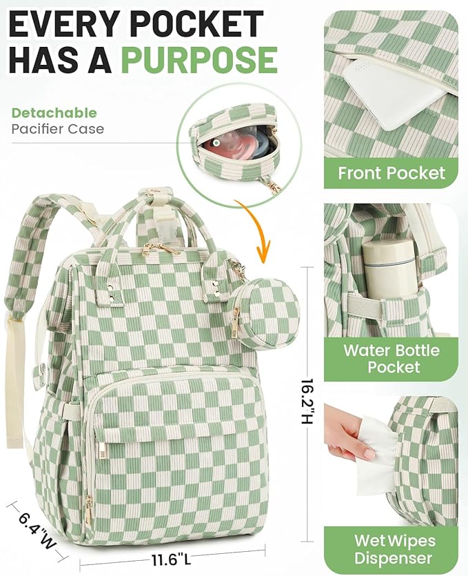 Corduroy Diaper Bag Backpack, Large Capacity Multifunction Baby Diaper Bags for Women, Insulated Bottle Pockets & Pacifier Case, Stylish Travel Nappy Changing Bags for Mom Dad (Checkered Green)