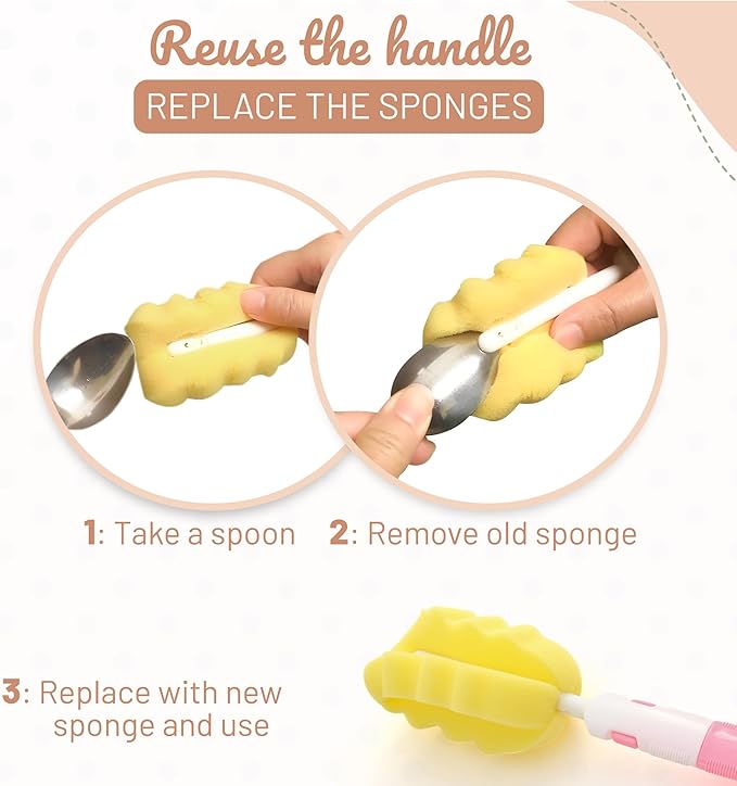 MoomooBaby Bottle Brush Replacement Sponges - 6-Pack Sponge Head Bottle Brush Cleaner Refills with 3 Bottle Sponges & 3 Nipple Sponges - Gentle & Non-Scratching Foam Material - Quick & Easy Attachment