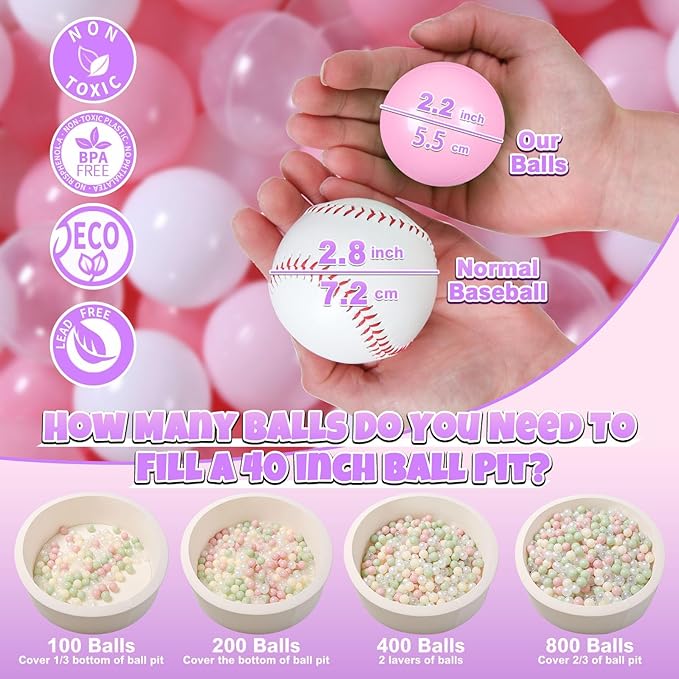 GOGOSO Ball Pit Balls for Toddler, Baby Plastic Playballs Kids Soft Pastel Pelotas Non-Toxic BPA-Free 2pink+White+Clear 500 Balls