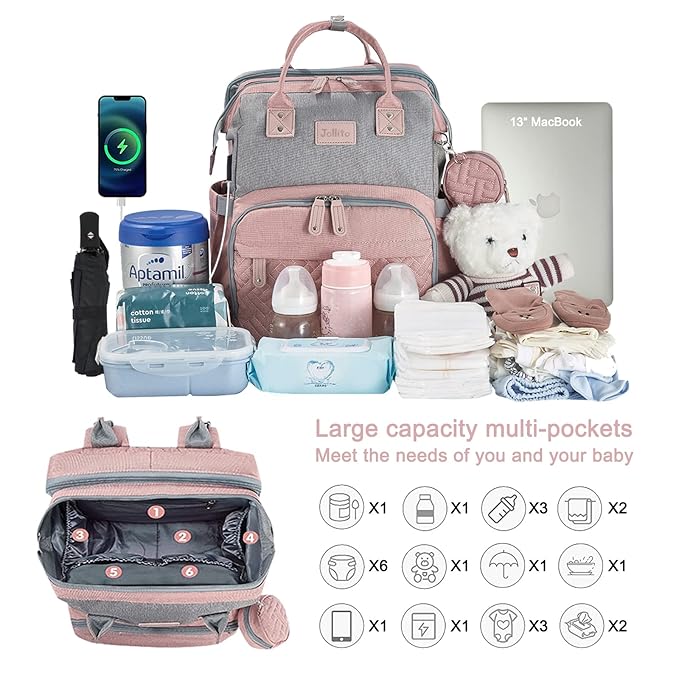 JOLLITO Baby Diaper Bag Backpack with Changing Station, Large Capacity, Stroller Straps and USB Charging Port, Baby Registry Search for Boys & Girls