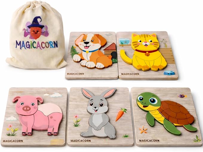 MAGICACORN Wooden Animal Puzzles for Toddlers – Montessori Educational Learning Toys for Preschoolers, Farm Animal Jigsaw Puzzle Set, Safe & Durable Gift for Boys & Girls, Christmas Birthday Present