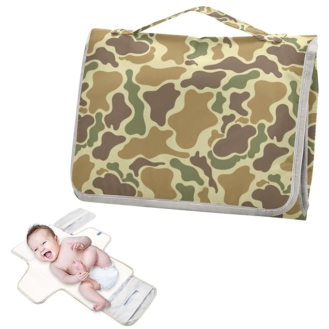 Camouflage Portable Diaper Changing Pad with Wipes Holder, Vintage Camo Green Foldable Baby Diaper Changer Travel Bag Retro Brown Army Baby Changing Mat with Built-in Pillow for Newborn