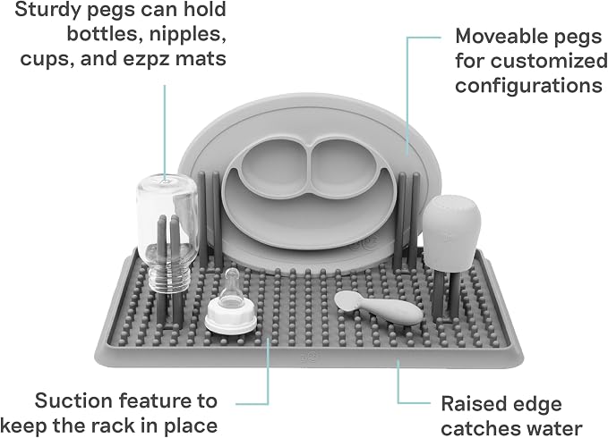 ezpz Drying Rack (Gray) - Silicone Dish Drying Rack with Suction Base - Adjustable Pegs - Odor-Resistant - Dry + Store Baby/Toddler Gear