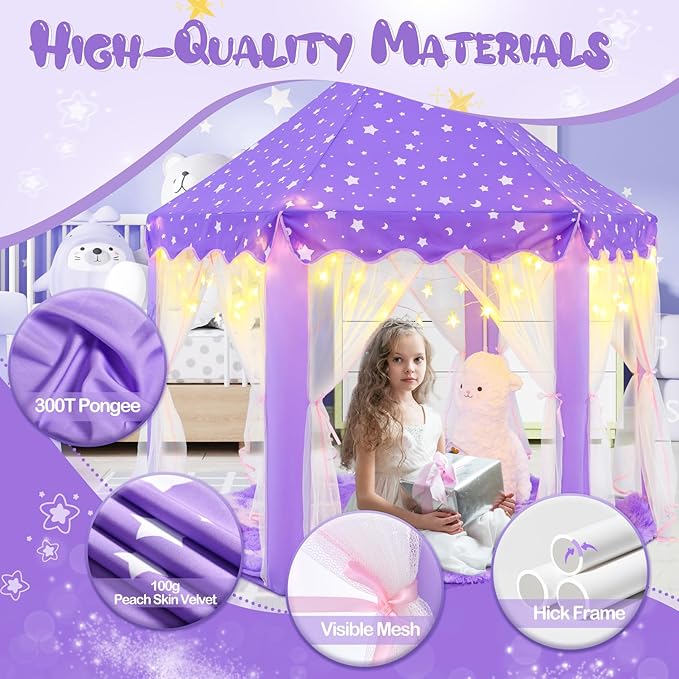 Princess Tent for Girls Age 4-7 with Star Lights, Kids Play Tent for Girls Indoor, Castle Playhouse Tent for Toddlers, Purple Princess Toy Tent 55x53 inch