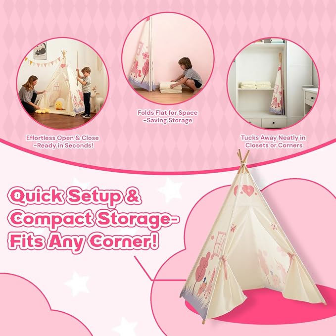 Teepee Tent for Kids, Play Tent with Padded Mat & Star Lights, Indoor Play Tent for Girls & Boys, Pink Unicorn