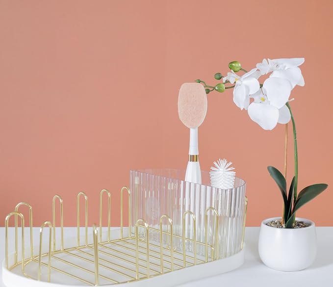 Spristle Wand Starter Set by Winnie & Lu – Premium Dish Wand & Bottle Washer Set, Interchangeable Sponge, Silicone Bristle Head, Eco-Friendly Cleaning (White & Gold)