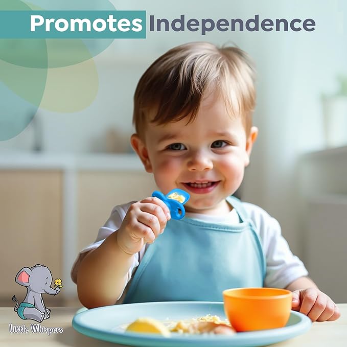 LittleWhispers Baby Silicone Spoons - Self Feeding 6 Months - Infant, Toddler, & Kid Friendly Utensils - First Stage, Baby Led Weaning - 4 Pack Utensil Set (Neon)