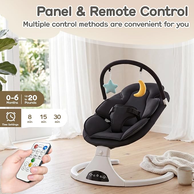 Electric Baby Swing with Remote Control - 5 Natural Motion Speeds, Detachable Seat Pad | Portable Infant Swing for Indoor/Outdoor Use (0-6M, 20lbs) (Black)