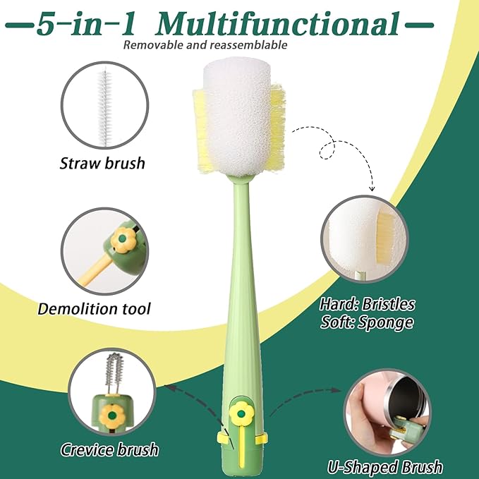2PCS 5-in-1 Multi-Purpose Cleaning Brush Set, Water Bottle Cleaning Brush Set, Portable Long-Handled Bottle Brush for Stainless Steel Cups, Baby Bottles, and Travel Tumblers (Green+Yellow)