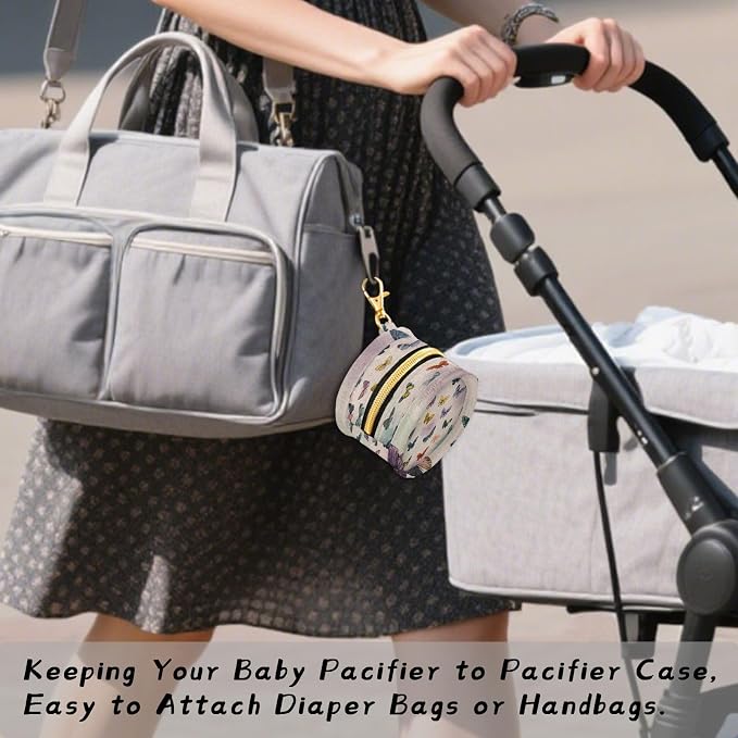 Pacifier Holder with Clip Pacifier Case for Diaper Bag Round Baby Pacifier Pouch Box Bag Portable Vintage Beige Butterflies