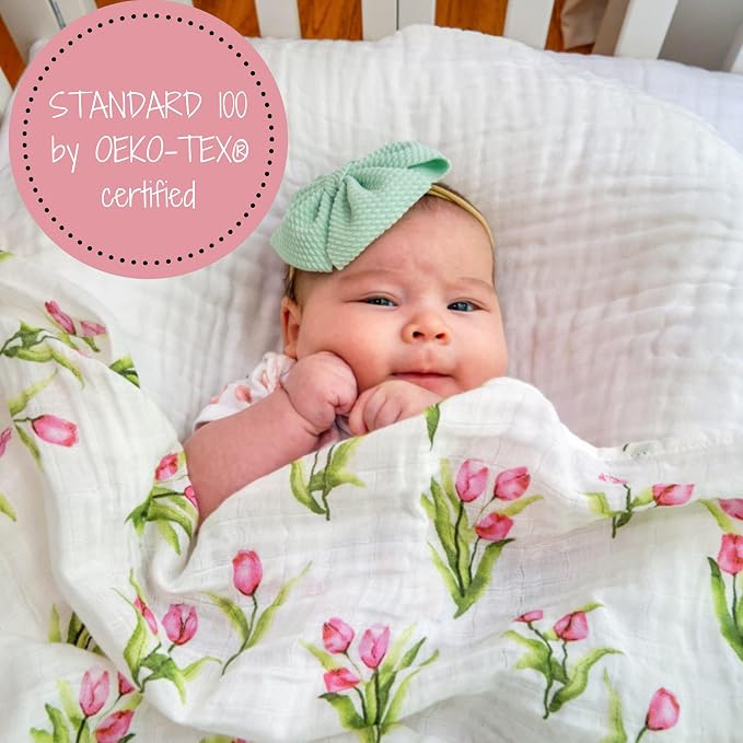 LollyBanks Muslin Swaddle Blankets 2 Pack, 100% Cotton Baby Blanket for Girls, Soft and Breathable 47 x 47 Inches Newborn Swaddle Blanket, Newborn Essentials Must Haves (Hydrangea and Tulip)