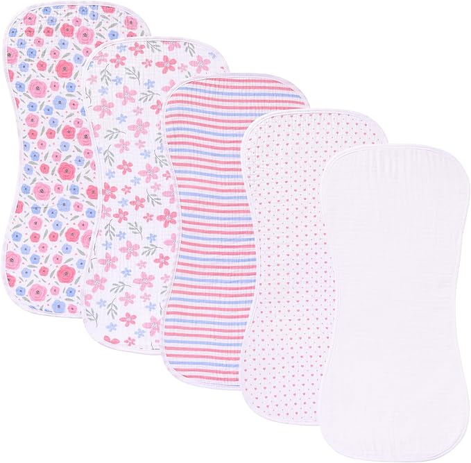 sleepyturtle 5 Pack Baby Burp Cloths, Unisex Newborn Burping Cloths, Soft and Absorbent Muslin Cotton, Large Size for Newborn, (Pink-fh)