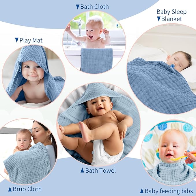 VitalCozy 6 Pcs Baby Muslin Hooded Bath Towels and Washcloths Muslin Cotton Hooded Baby Towels Absorbent Blankets for Gift Newborn Infant Shower (32 x 32 Inch,Mint Blue,Sky Blue)