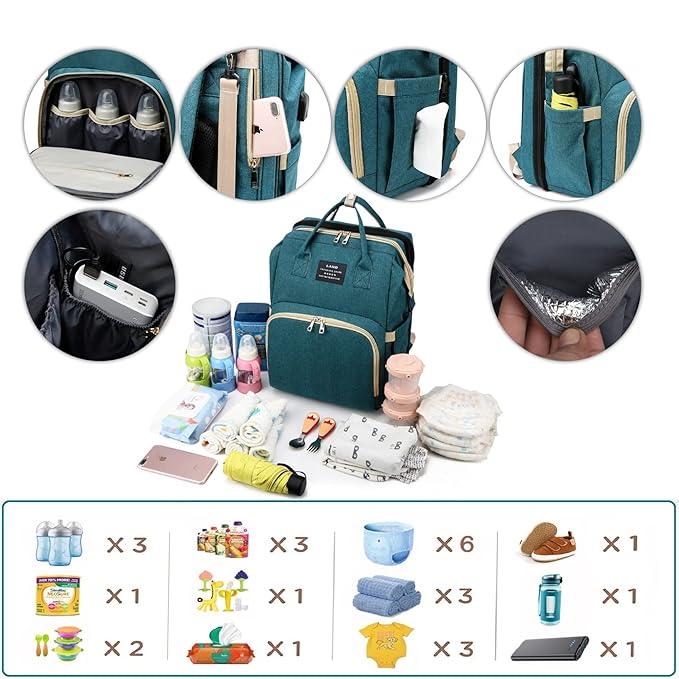 ANWTOTU Baby Diaper Bags with Changing Station,Waterproof Diaper Bag Backpack for Moms Dads with USB Charging Port,Large Capacity Multifunctional Baby Essentials(Green)