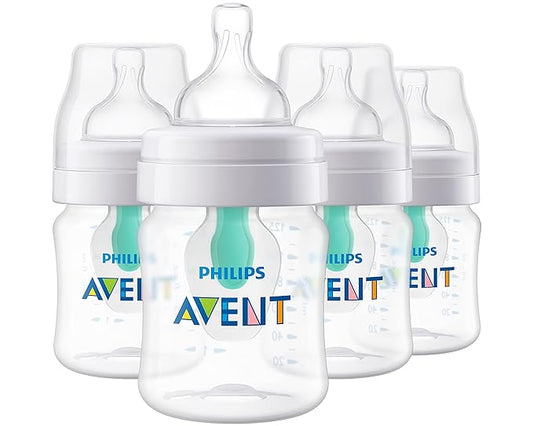 Philips Avent Anti-Colic Bottle with AirFree Vent, 4oz, with Flow 1 Nipples, 0m+, 4pk, Clear, SCY701/04 (Pack of 6)