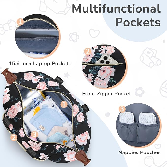 Tenot Diaper Bag Tote with Pacifier Case, Baby Bag for Women with Shoulder Straps, Travel Diaper Tote for for Mom and Dad Black Pink Floral