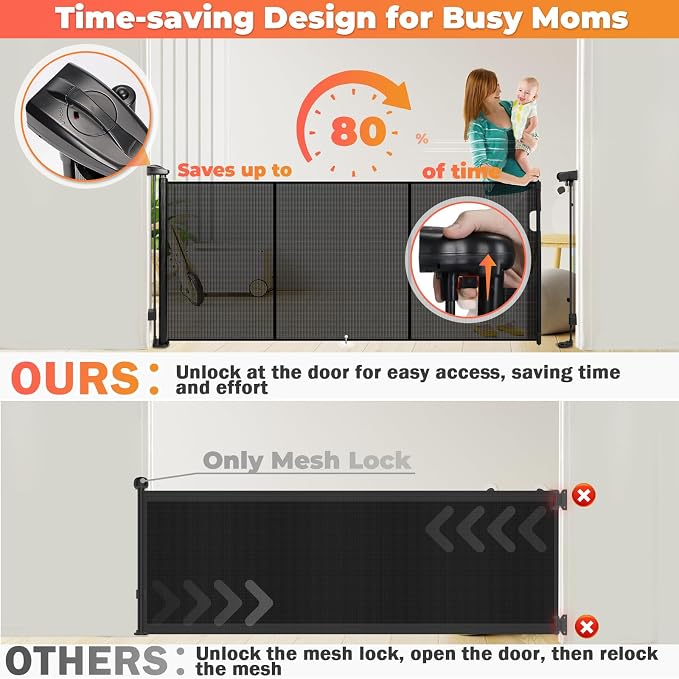 Retractable Baby Gates for Stairs, 55" Wide Retractable Dog Gate Pet Gate, 34" Extra Tall Child Safety Gate Toddler Mesh Gate with Support Rods for Doorways, Hallways, Deck, Porch, Indoor, Outdoor