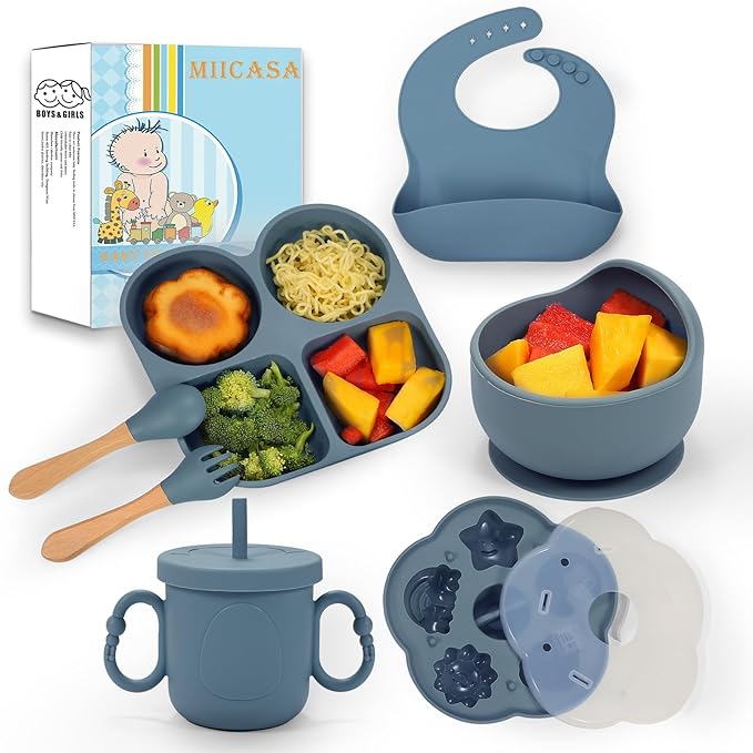 Silicone Feeding Set, Led Weaning Supplies, Food Tableware Suction Plate, Bowl, Spoons, Fork, Waterproof Bib, Cup & Complementary Food Cake Mold, Baby Eating Utensils