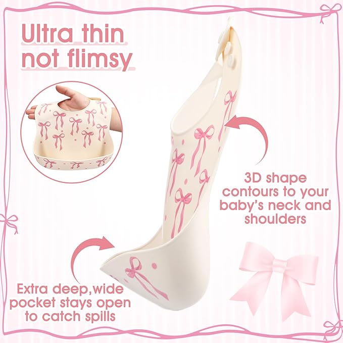 Remerry Pink Bow Silicone Bib for Baby Girls, Pink Waterproof Feeding Bib with Pocket Adjustable Fit for Babies and Toddlers Drooling and Teething