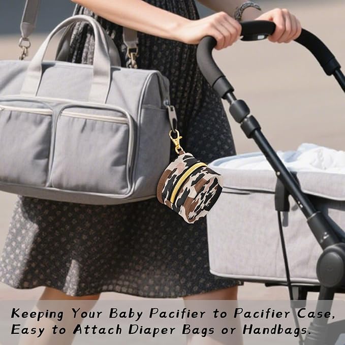 Pacifier Holder with Clip Pacifier Case for Diaper Bag Round Baby Pacifier Pouch Box Bag Portable Cow Skin Print Brown